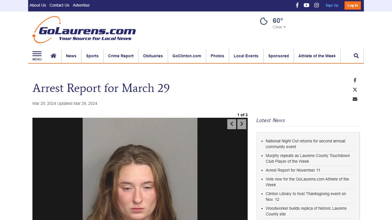 Arrest Report for March 29 | Crime Report | golaurens.com